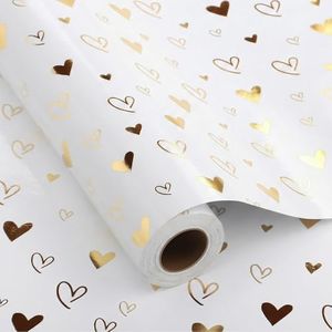 woric Heart Wrapping Paper Roll 17 Inch x 33 Feet Gold Foil Heart Gift Wrapping Paper for Wedding, Bridal Shower, Birthday, Baby Shower