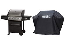 Zanussi ZGBBQ4B01-C 4 Burner Gas Barbecue with BBQ Cover, Automatic Ignition & Integrated Thermometer, Black & Stainless Steel, Gas BBQ, 2 Wheels Fitted Rack with 1 Side Shelf