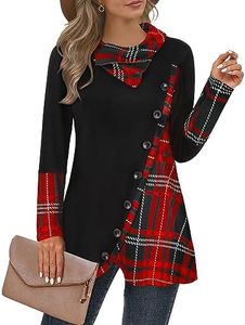 Cestyle Cowl Neck Sweatshirts for Women Flannel Tunic Shirts Long Sleeve Lapel Color Block Tunics Lightweight Tunic Length Sweatshirts Loose Fit Christmas Plaid X-Large