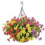 Lesrant Artificial Flowers in Basket,Artificial Hanging Baskets with Flowers for Outdoors Indoors Courtyard Decor,12 inch Coconut Lining Basket for Patio Garden Porch Deck Decoration