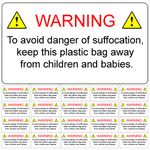 Danger of Suffocation Warning Safety Labels for Plastic Cellophane Bags Self Adhesive Stickers (1040 Labels (16 Sheets))