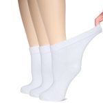 HUGH UGOLI Women's Bamboo Ankle Loose Fit Diabetic Socks, Soft, Seamless Toe, Wide Stretchy, Non-Binding Top, 3 Pairs, White, Shoe Size: 6-9