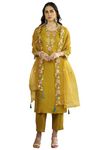 VredeVogel Women's Viscos Roman Silk Kurta Pant Set with Organza Dupatta (Mustard_Small)