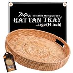 HOMESSENT Round Rattan Tray - Large -14 x 2.75 Inches- Natural Sturdy Round Wicker Tray with Cut-Out Handles- Hand Woven Tray for Storage & Decoration – Basket Tray for Serving Coffee, Fruits & Drinks