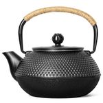 VonShef Cast Iron Teapot, Black Japanese Teapot with Infuser, 800ml 4 Cup Loose Leaf Tea Pot with Mesh Strainer, Stovetop Tetsubin Tea Kettle with Hobnail Design