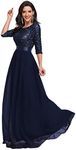 Ever-Pretty Women's Elegant A Line Crew Neck Half Sleeve Sequin Maxi Evening Dress Navy Blue US12