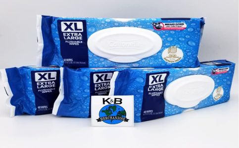 K&B Merchandise XL Flushable Wet Hypoallergenic Wipes for Adults Large, 4 Flip-Top Packs,(60 Wipes per pack) 240 Total Flushable Wipes. Includes a Sticker