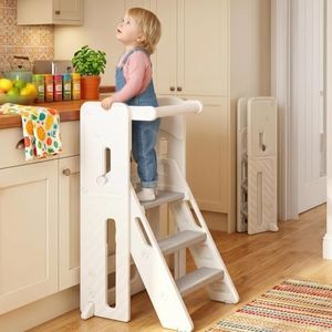 Toddler Learning Tower for Ages 3+, Foldable Kids Step Stool with 2-Level Adjustable Height, Full Safety Rail & Anti-Slip Design for Kitchen Counter, Bathroom, Sink & Reading