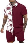 OYOANGLE Men's 2 Piece Vacation Outfits Tropical Hawaiian Button Down Shirt and Shorts Set Burgundy Small