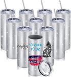 Zopeal 10 Pack Silver Sublimation Tumblers 20 oz Blank Skinny Tumbler Bulk Glitter Straight Double Wall Stainless Steel Insulated Tumblers with Lid and Straw for Heat Transfer Water Bottle Gift