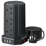 AODENG Tower Extension Lead with USB Slots 5M, 12 Way Outlets Multi Plug Extension Tower with 4 USB Slots (1 Type C & 3 USB Ports), Surge Protector Long Extension Lead tower for Home, Office, Kitchen