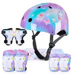 MHJY Kids Helmet and Pads Set with DIY Stickers Girls Bike Helmet Age 3-8 Years Unicorn Knee and Elbow Pads Adjustable Protective Gear for Children Cycle, Skateboard Scooter, Roller Skates