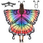 Butterfly Wing Cape Shawl with Lace Mask and Black Velvet Antenna Headband Adult Women Halloween Costume Accessory(Rainbow 2)