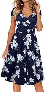 oxiuly Women's Casual Dresses Chic Criss-Cross V-Neck Floral Flare A-Line Party Tea Dress OX233 (Blue XianFloral, m)