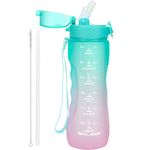 OLDLEY 750ml/25oz Water Bottles with Straw BPA Free Tritan Water Bottles for Gym School Sports Travel Leakproof Time Markings Drink Bottles Hydrate for Adult Kids Women Men(Green Pink)