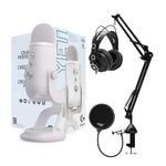 Blue Microphones Yeti USB Microphone (White Mist) Bundle with Desktop Boom Arm Microphone Stand, Studio Monitor Headphones AUX Adapter, and Pop Filter (4 Items)