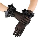 JISEN Women Party Bow Lace Elegant with Wrist Ruffle Bridal Wedding Gloves 11 Inch A-Black