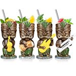 Tiki Glasses Mugs for Cocktails Hawaiian Tiki Mugs 13oz Set of 4 Ceramic Tropical Party Drink Cups Tiki Glass Bar Decor Vintage Music Band Drinking Cup Decorations Drinkware Barware