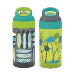 Zak Designs 16oz Riverside Beach Life Surf Boards-Palm Trees Kids Water Bottle with Straw and Built in Carrying Loop Made of Durable Plastic, Leak-Proof Design for Travel, 2 count (Pack of 1)