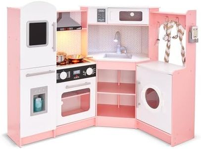 Lil' Jumbl Kids Corner Kitchen Set, Pretend Wooden Deluxe Play Kitchen, Battery Operated Icemaker, Stovetop & Faucet with Realistic Sound - Pink
