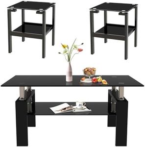 Glass Coffee Table Sets of 3 for Living Room, Mordern Black End Table Sofa Side Tables with Storage, Metal Leg Rectangle Tempered Glass Center Table Home Furniture Set (Black)