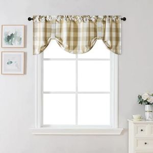 VOGOL Tie Up Valances for Kitchen Windows, Beige and White Buffalo Check Plaid Tie-up Adjustable Valance for Small Windows, Rod Pocket, 52x18, One Panel