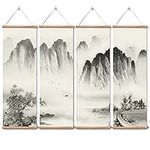 Landscape Painting ,Wall Art Black and White for Living Room Bedroom,Chinese traditional Ink Decor,Posters and Prints,4 Piece Set Fixed Wooden Hanging Scroll (12”x36”x4piece)