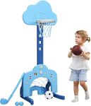 INFANS Kids Basketball Hoop, 3 in 1 Toddler Sports Activity Center w/ 5 Adjustable Basketball Stand Height Levels, Basketball Football Golf Game, Indoor Outdoor Baby Basketball Set Best Gift (Blue)