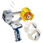 EXCELL PUSHFLAP Tape Dispenser (2 Inch Wide), Manual, Metal/Plastic, 3 Inch Core for Carton Sealing & Packing, Easy One-Hand Operation - 1 Set + 2 Rolls of Transparent Tape