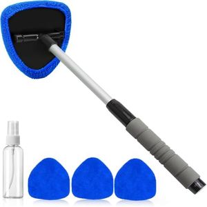 desin Windshield Cleaning Tool, Car Window Cleaner Windshield Cleaner with 4 Reusable and Washable Microfiber Pads and Extendable Handle Auto Inside Glass Wiper Kit (Blue)