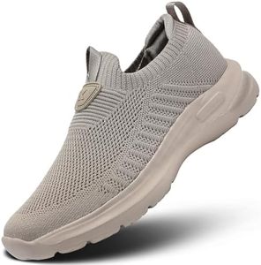Wrezatro Men's Running Shoes Casual Slip on Walking Tennis Gym Sneakers Lightweight Breathable Mesh Workout Sports Soft Sole, Khaki, 10