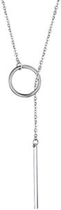 GoldChic Bar Long Necklace Lariat Open Circle Y Pendants, Simple Minimalist Choker Collarbone Chain Charms Jewelry -Silver Color