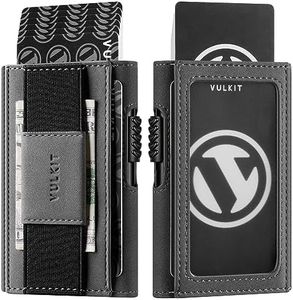VULKIT Mens Minimalist Wallet for Max. 8 Cards with Pop-Up Credit Card Ejector RFID Blocking, ID Window and Elastic Strap for Bills or Keyring, Gift Box Packed, Grey