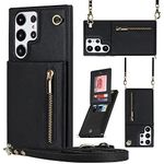 Phone Case for Samsung Galaxy S22 Ultra 5G Wallet Cover with Crossbody Strap Leather Card Holder Flip Cases Credit Slots Magnetic Clasp Stand Cell S22ultra 22S S 22 S22ultra5g 6.8 Girls Women Black