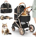 Kenyone Luxury Pet Stroller 3 in 1 with Electroplated Gold Mirror Finish for Medium Small Size Dogs and Cats, High-End Detachable Carrier for Puppy, Kitty, Doggie(C910L Black)