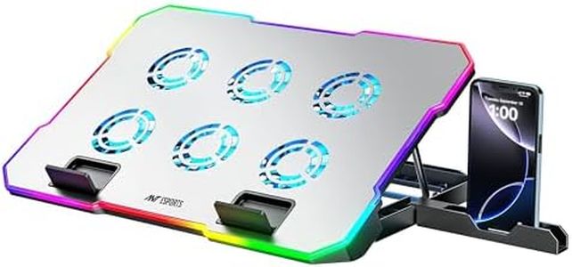 Ant Esports NC510 Laptop Cooling Pad, 6 Silent Fans 2400 RPM, RGB Cooling Stand with 10 Light Modes, Adjustable Ergonomic Height, Dual USB Ports & Phone Holder for Up to 17″ Laptops_ Black