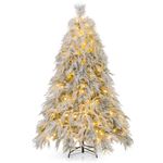 Goplus 6ft Pre-Lit Snow Flocked Christmas Tree, Artificial Hinged Full Xmas Tree with 519 PVC & Pine Needles & Willow-Like PE Tips, 250 Warm White LED Lights, for Office Home Decoration