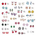 LABOTA 30 Pieces Stainless Steel Mixed Color Cute Animals Fox Heart Star Ladybug Bee Frog Mushroom Tree Daisy Umbrella Rose Gold White Pearl Stud Earrings Set (animal tree pearl)