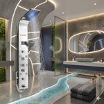 X-XONIER Stainless Steel 304 Grade Shower Panel 8in1 Thermostatic System With LED Rainfall, Waterfall, Body Massager, 6 Mist Spray 3 Ways Extra Large HandShower Temp. Display Health Faucet (Silver)