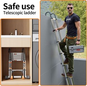 3.2M Telescopic Ladder – Stainless Steel Loft Ladder with Stabilizer Bar & Hooks
