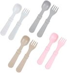RE-PLAY Made in USA| 8pk Toddler Feeding Utensils Spoon and Fork Set | Eco Friendly Recycled Milk Jugs | Ice Pink, Sand, White, Grey | New Naturals Collection | (Seashell+)