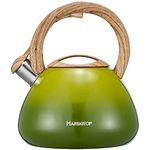 Whistling Tea Kettle for Stove Top Stainless Steel Tea Kettle Small Tea Pots 2.6 Quart with Wood Pattern Folding Handle (Light Green)