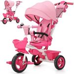 EOOWOY Toddler Tricycle with Push Handle, 7 in 1 Stroller Trike with 360° Swivel Seat, Reclining Backrest, All-Terrain Wheels, Dual Brakes, Canopy & Storage, Gift for Kids 18 Months to 5 Years, Pink