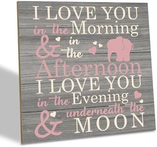 Love Sign, Wood Plaque Table Art Sign 6.2 * 6.2inch, Elephant Wood Sign for Nursery, Decoration for Baby Girls Room, Daughter's Room Decor, I Love You in the Morning Afternoon Evening & Moon