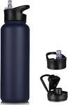 VQRRCKI 40 oz Insulated Water Bottle with Straw, Stainless Steel Sports Water Bottles with 2 Lids (Straw and Wide Mouth lid), Double Wall Vacuum, Leakproof, BPA-Free, Blue