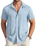 COOFANDY Men's Summer Shirts Short Sleeve Button Down Shirts Linen Shirts for Men Beach Casual Shirt Light Blue