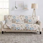 Great Bay Home Reversible Floral Patchwork Furniture Protector Scalloped Edge Stain Resistant Printed Furniture Protector Maribel Collection (Sofa, Taupe/Blue)