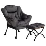 HollyHOME Fabric Lazy Chair with Foldable Ottoman, Accent Comfy Lounge Arm Chair and Folding Footrest Stool Set, Leisure Sofa Reading Chair and Footstool for Living Room, Bedroom, Dorm, Smoky Grey