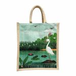 Sangra Multicolor Jute bag for Women and Men Lunch Bag with Zip and Handle Reusable Tiffin Bag Shopping Grocery Multipurpose Hand Bag (Heron)