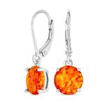 Simple Round Solitaire Orange Created Mexican Created Opal Lever back Drop Earrings Rhodium Silver Plated .925 Sterling Silver